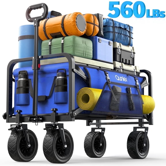 Qunler 560lbs Collapsible Folding Wagon, Heavy Duty Utility Beach Cart with 8" Wheels and Side Pocket, Large Capacity for Camping, Beach, Shopping, Sports, Outdoor, Blue