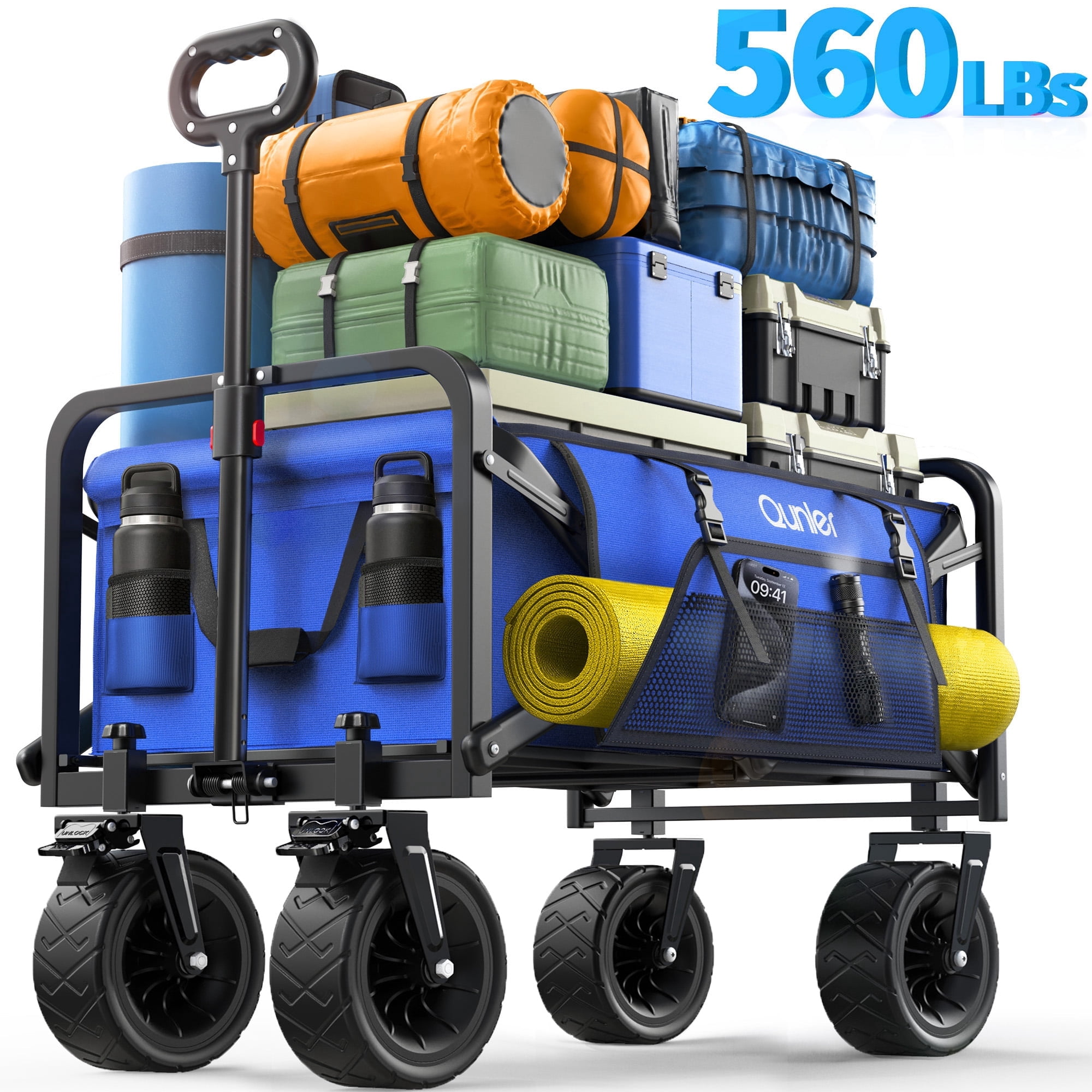 Qunler 560lbs Collapsible Folding Wagon, Heavy Duty Utility Beach Cart with 8" Wheels and Side Pocket, Large Capacity for Camping, Beach, Shopping, Sports, Outdoor, Blue