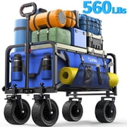 Qunler 560lbs Collapsible Folding Wagon, Heavy Duty Utility Beach Cart with 8" Wheels and Side Pocket, Large Capacity for Camping, Beach, Shopping, Sports, Outdoor, Blue