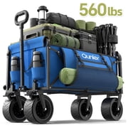Qunler 560lbs Collapsible Folding Wagon, Heavy Duty Utility Beach Cart with 8" Wheels and Side Pocket, Large Capacity for Camping, Beach, Shopping, Sports, Outdoor, Blue