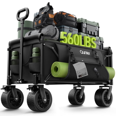 Qunler 560lbs Large Collapsible Folding Wagon with Oversized Tank Wheels, Heavy Duty Big Bucket Utility Garden Cart with Side Pocket for Sports, Shopping, Camping, Kids, Black