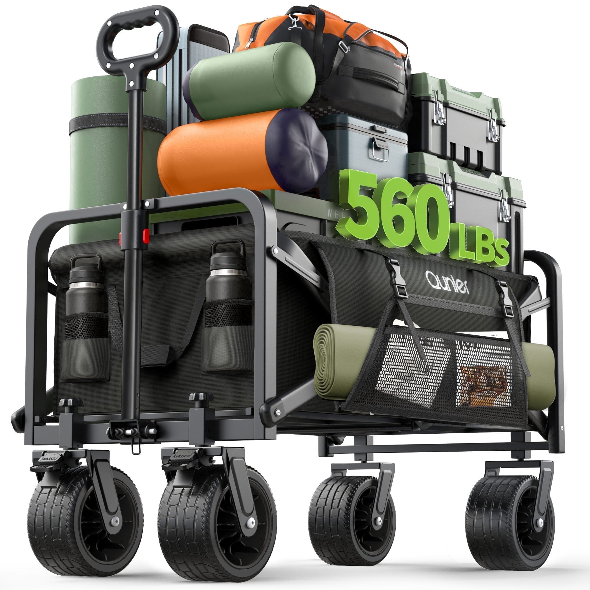Qunler 560lbs Large Collapsible Folding Wagon with Oversized Tank Wheels, Heavy Duty Big Bucket Utility Garden Cart with Side Pocket for Sports, Shopping, Camping, Kids, Black - Walmart.com