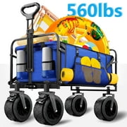 Qunler 560lbs Large Collapsible Wagon Cart, Foldable Heavy Duty Big Bucket Cart Wagon with Side Storage, Multi-Terrain Wheels with Brakes for Shopping, Camping, Garden, Grocery, Blue