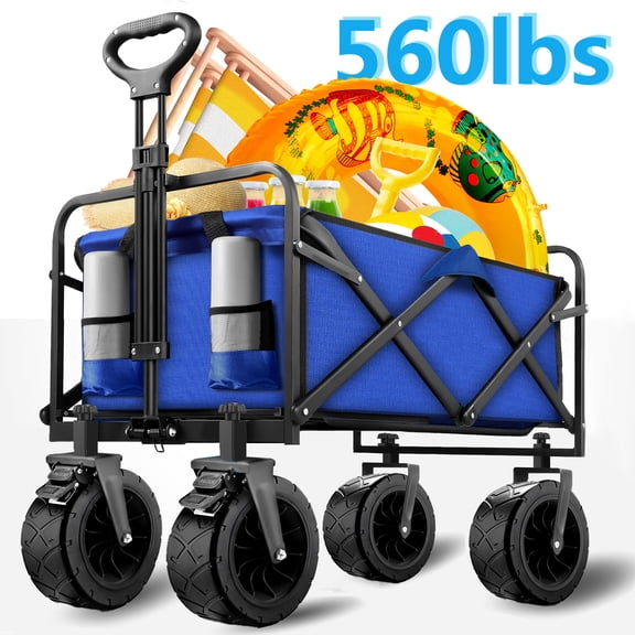 Qunler 560lbs Large Collapsible Wagon Cart, Foldable Heavy Duty Big Bucket Cart Wagon with Side Storage, Multi-Terrain Wheels with Brakes for Shopping, Camping, Garden, Grocery, Blue