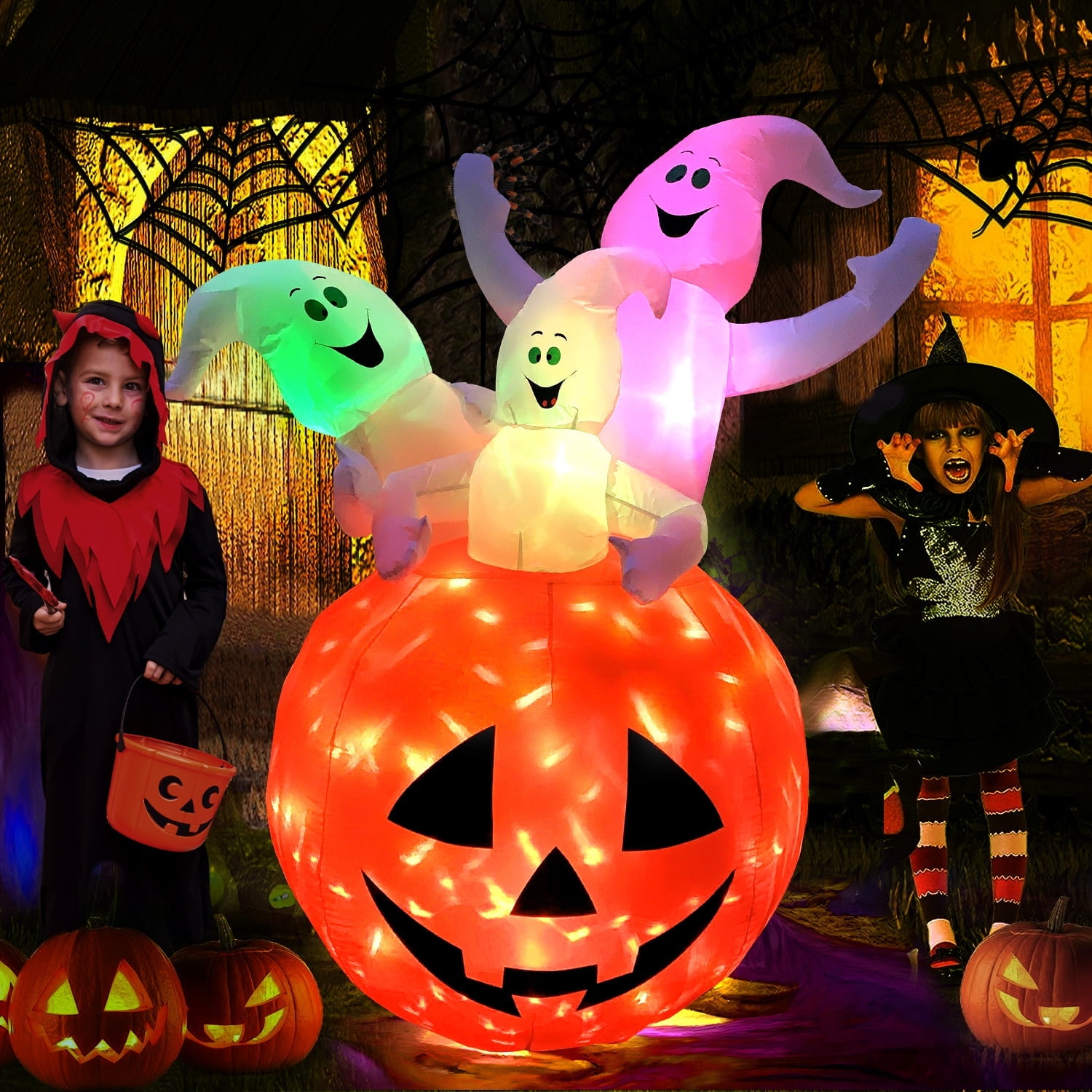 Qunler 6ft Halloween Inflatables, 3 Ghosts on A Pumpkin Blow Up Inflatables Halloween Yard Decor with Magic Light for Outdoor Indoor, Patio, Home, Party, Garden