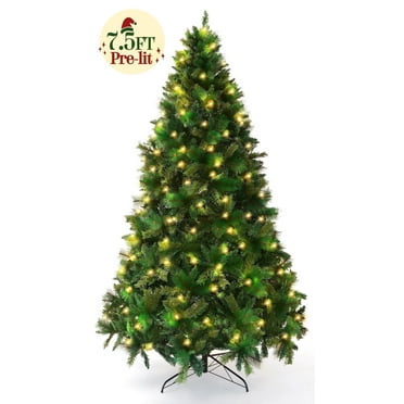 Qunler 7.5FT Pre-lit Artificial Full Christmas Tree, Green PVC Spruce Tree with 1600 Branch Tips & 400 Warm LED Lights