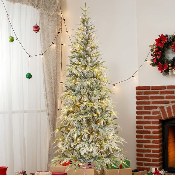 Qunler 7ft Pre-lit Snow Flocked Artificial Christmas Tree with 300 Warm Lights 8 Modes, 700 PE+PVC Snowy Branches, White