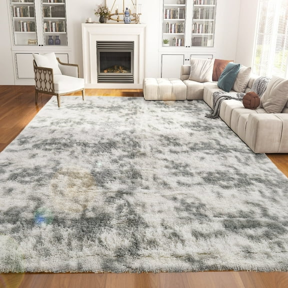 Emossie 8' x 10' Area Rug for Living Room, Tie-dye Grey Large Fluffy Rug for Bedroom, Indoor Rectangle Shag Rugs, Flame Retardant, Light Grey