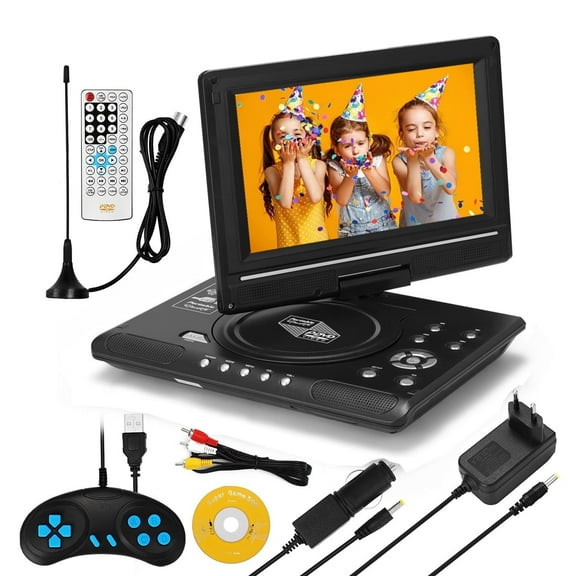 Qunler 9.8" Portable DVD Player with 8.5" HD Swivel Screen, Rechargeable Personal DVD Player with Remote, Support FM Radio, Game Function, Black
