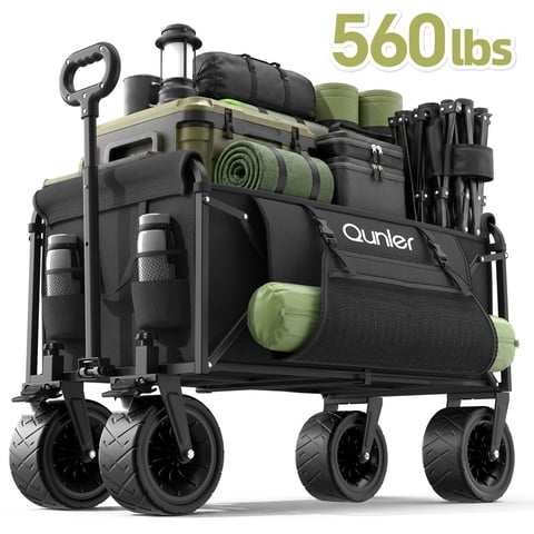 Qunler Collapsible Wagon Cart, 560lbs Heavy Duty Large Utility Garden Cart with Brake Wheels and Side Pocket for Camping, Shopping, Kids, Sports, Grocery, Black