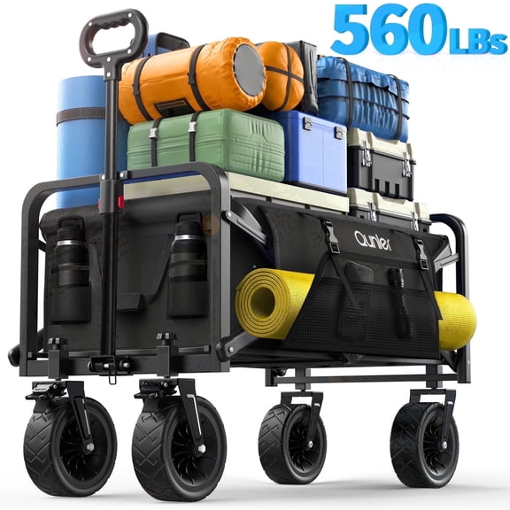 Qunler Collapsible Wagon Cart, 560lbs Heavy Duty Large Utility Garden Cart with Brake Wheels and Side Pocket for Camping, Shopping, Kids, Sports, Grocery, Black