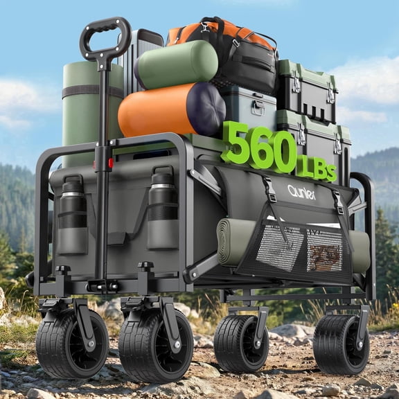 Qunler Collapsible Wagon Cart Foldable with Side Pocket, 560lbs Folding Utility Wagon with Tank Wheels for Camping, Shopping, Grocery, Garden, Grey