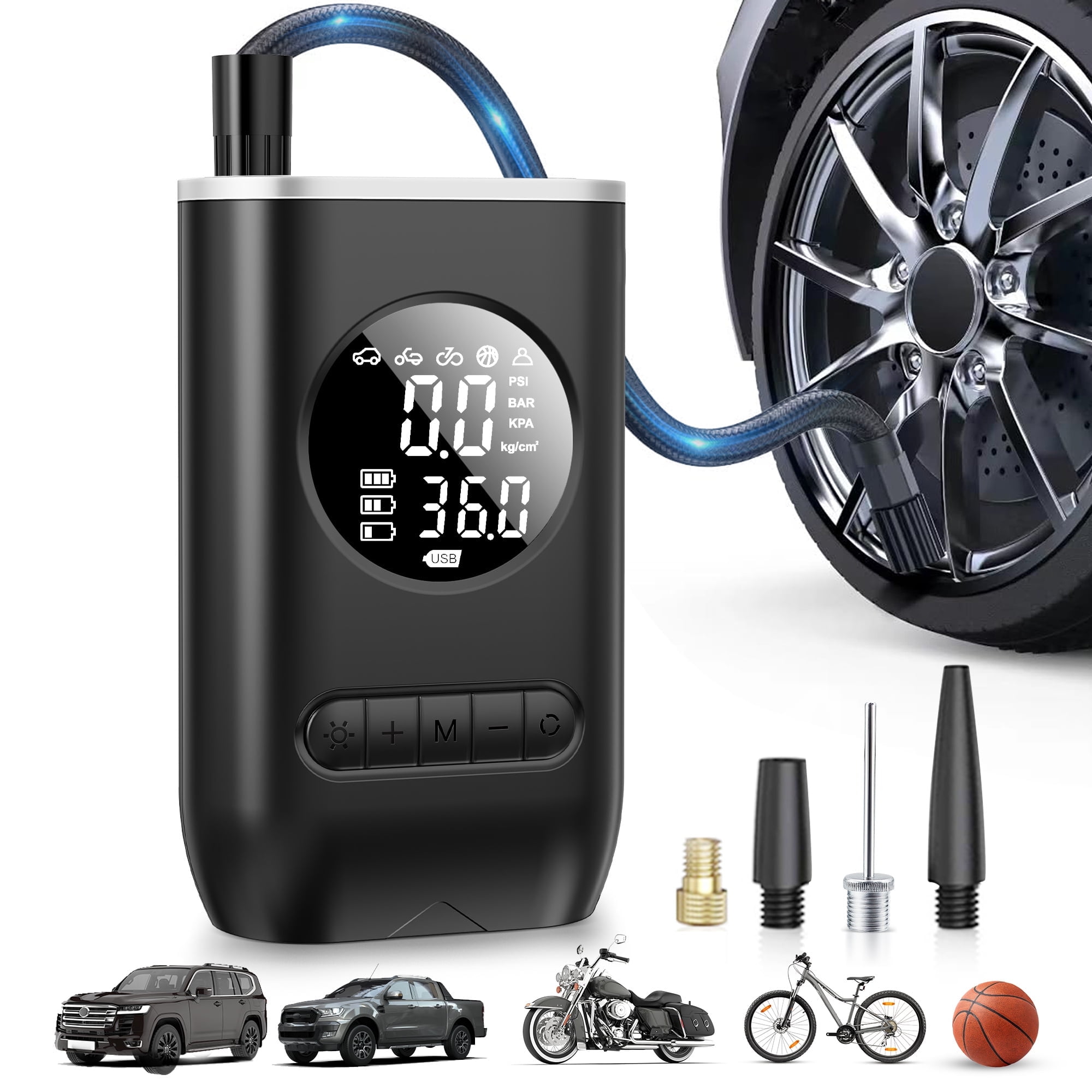 Qunler Cordless Tire Inflator Portable Air Compressor, 150PSI Air Pump with Digital Pressure Gauge, Auto Shutoff, Emergency LED Light for Car, Bike, Motorcycle, Ball