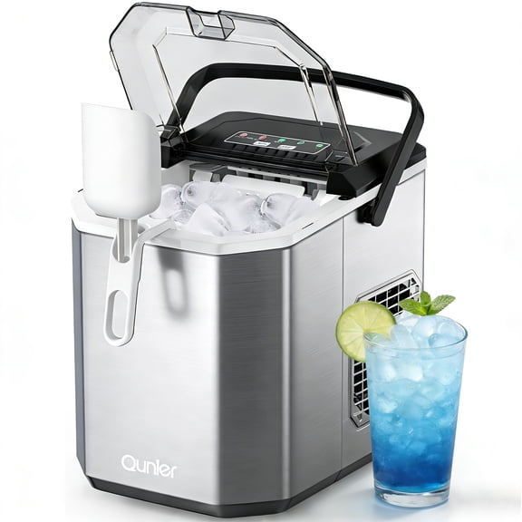 Qunler Countertop Ice Maker Machine, 26lbs/24H, 9 Bullet Ice Cubes in 6 Mins, Self-Cleaning, Basket with Handle, Stainless Steel