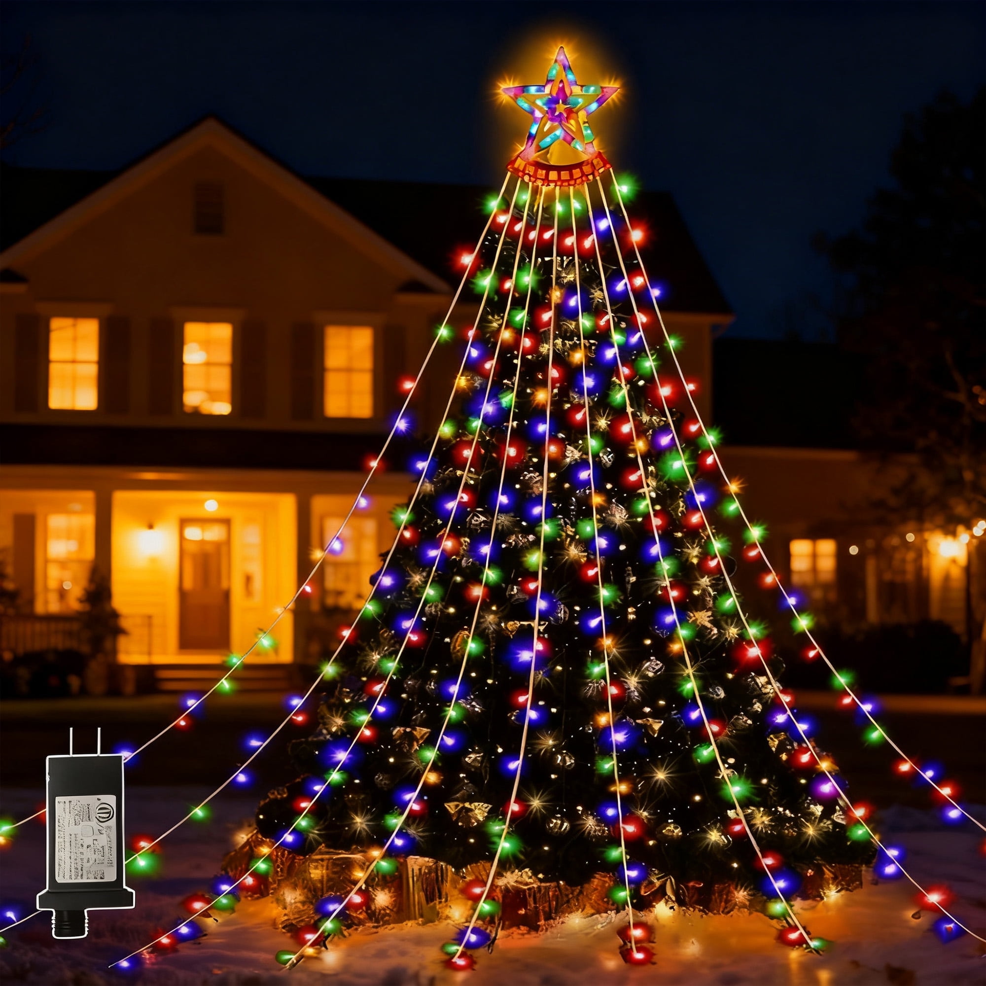 Qunler Outdoor Christmas Decoration Lights, 8 Modes & 350 LED Christmas String Waterfall Fairy Tree Lights Indoor Outdoor Holiday Lighting Decorations, Multicolor, Plug-in