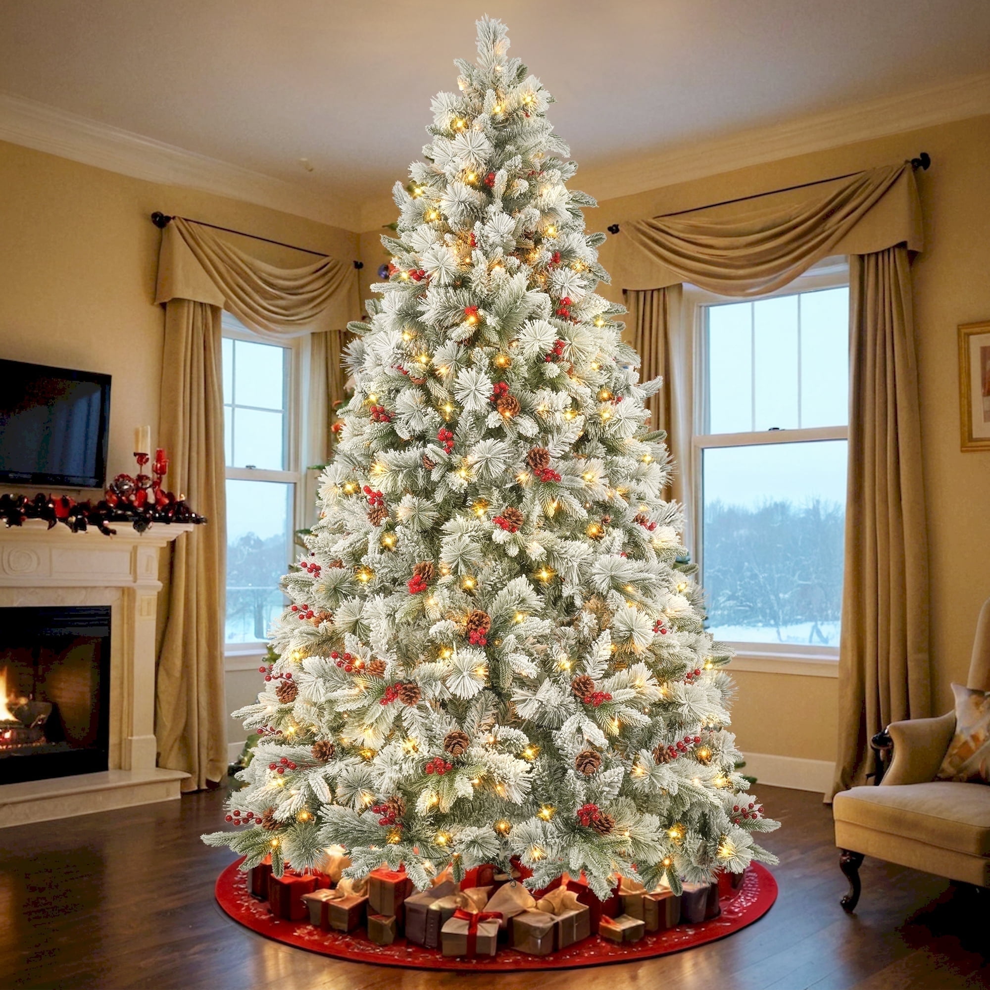 Qunler Pre-Lit Snow Flocked Christmas Tree, 7.5ft Hinged Christmas Tree with 1158 Snowy Tips \u0026 350 Warm White/Multicolored 8 Modes LED Lights, Artificial Pine Tree for Xmas Holiday Decor