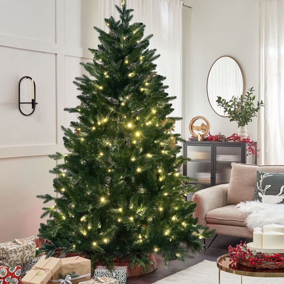 Qunler Christmas Tree, 6ft Hinged Pre-Lit Christmas Tree with 980 PE & PVC Tips, 300 Warm White & Multicolor 10 Modes LED Lights, Artificial Pine Tree for Xmas Holiday Decor