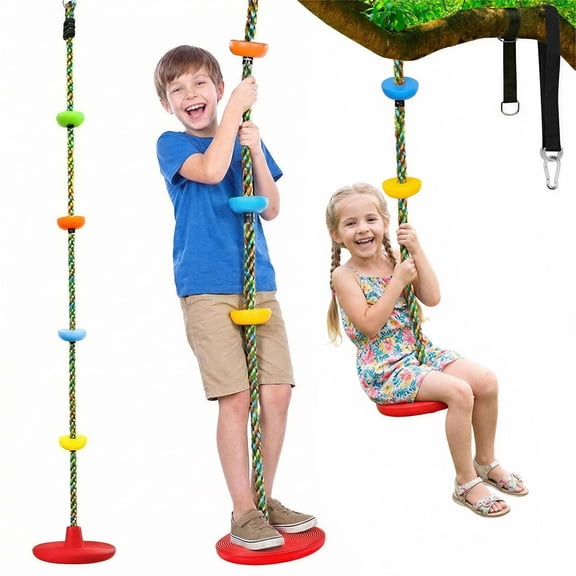 Qunler Tree Swing for Kids, 3-in-1 Climbing Rope with Disc Seat and 4 Platforms, Swing Set Accessories for Indoor & Outdoor Treehouse, Red