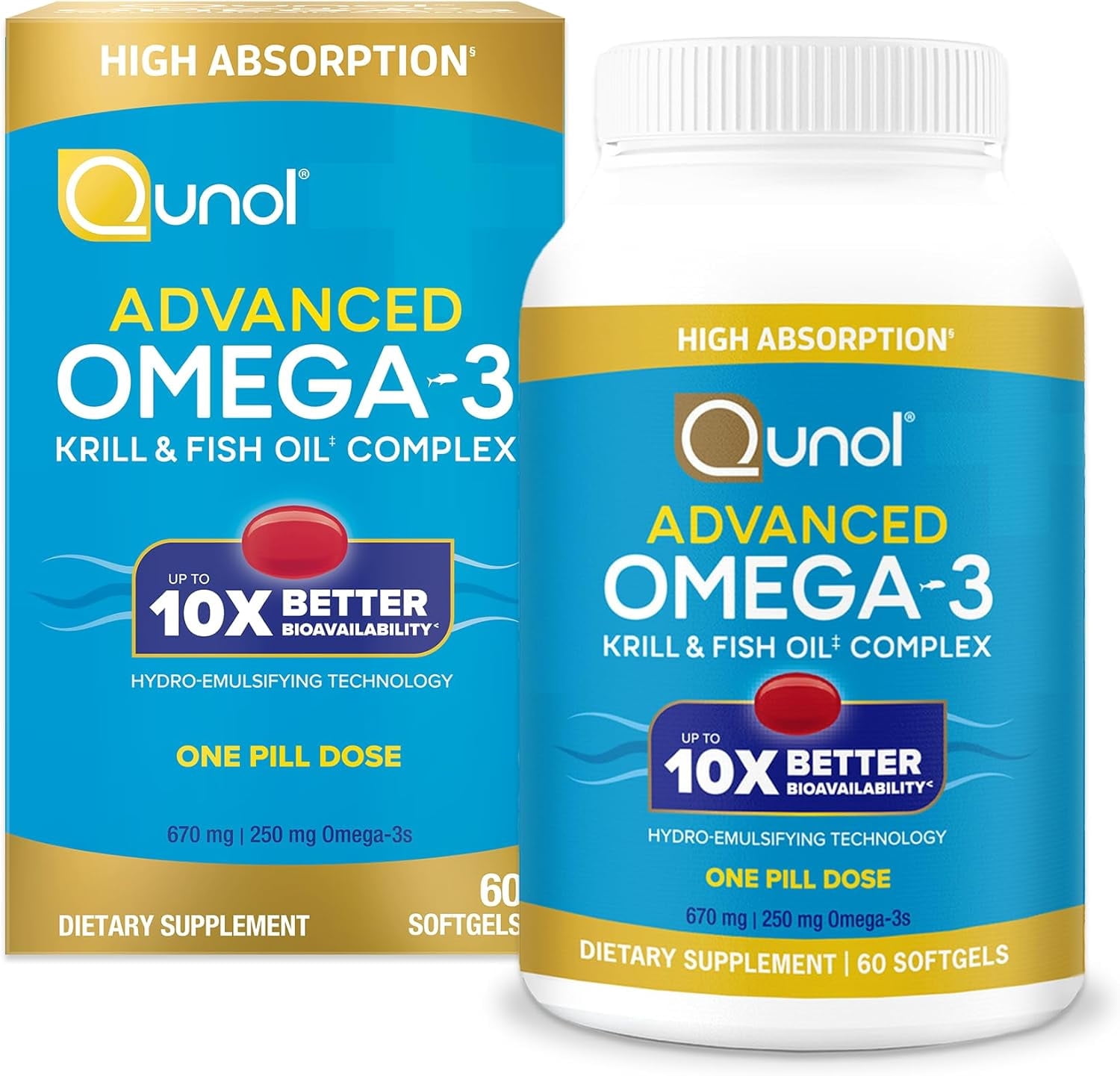 Qunol Advanced Omega 3 Krill and Fish Oil Complex, 10x Better Bioavailability, One Pill Dose, 250mg EPA & DHA, 60 Count