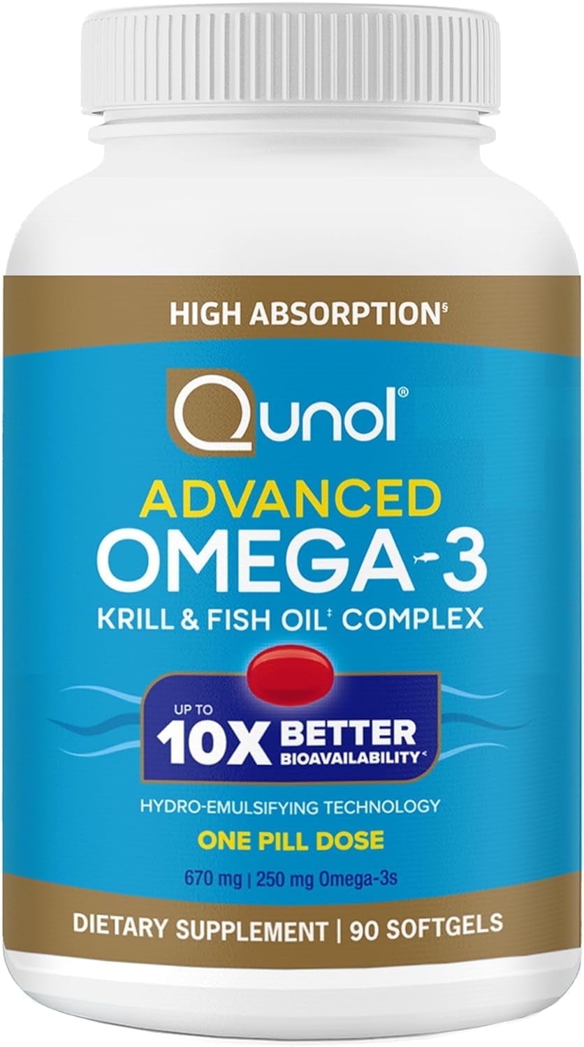 Qunol Advanced Omega 3 Krill and Fish Oil Complex, 10x Better Bioavailability, One Pill Dose, 250mg EPA & DHA, Supports Brain, Eye, Heart and Joint Health, 90 Count (Pack of 1)