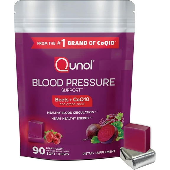 Qunol Beets Chews for Blood Pressure Support, 3 in 1 Beets + CoQ10 + Grape Seed Extract, 90 Chews