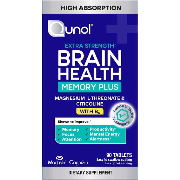 Qunol Brain Health Memory Plus w/ B6, Magnesium L-Threonate & Citicoline, Clinically Tested Ingredients to Improve Memory, Focus, Attention and Productivity, 90 Count