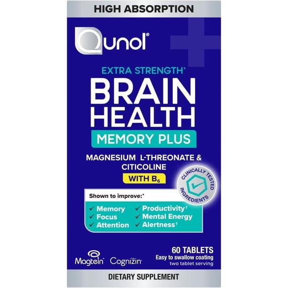 Qunol Brain Health Memory Plus with B6, Magnesium L-Threonate and Citicoline, 60 Count