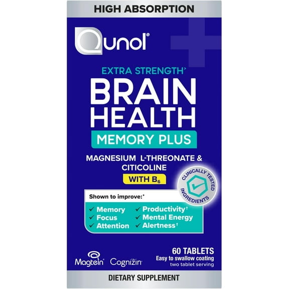 Qunol Brain Health Memory Plus with B6, Magnesium L-Threonate & Citicoline, 60 Count