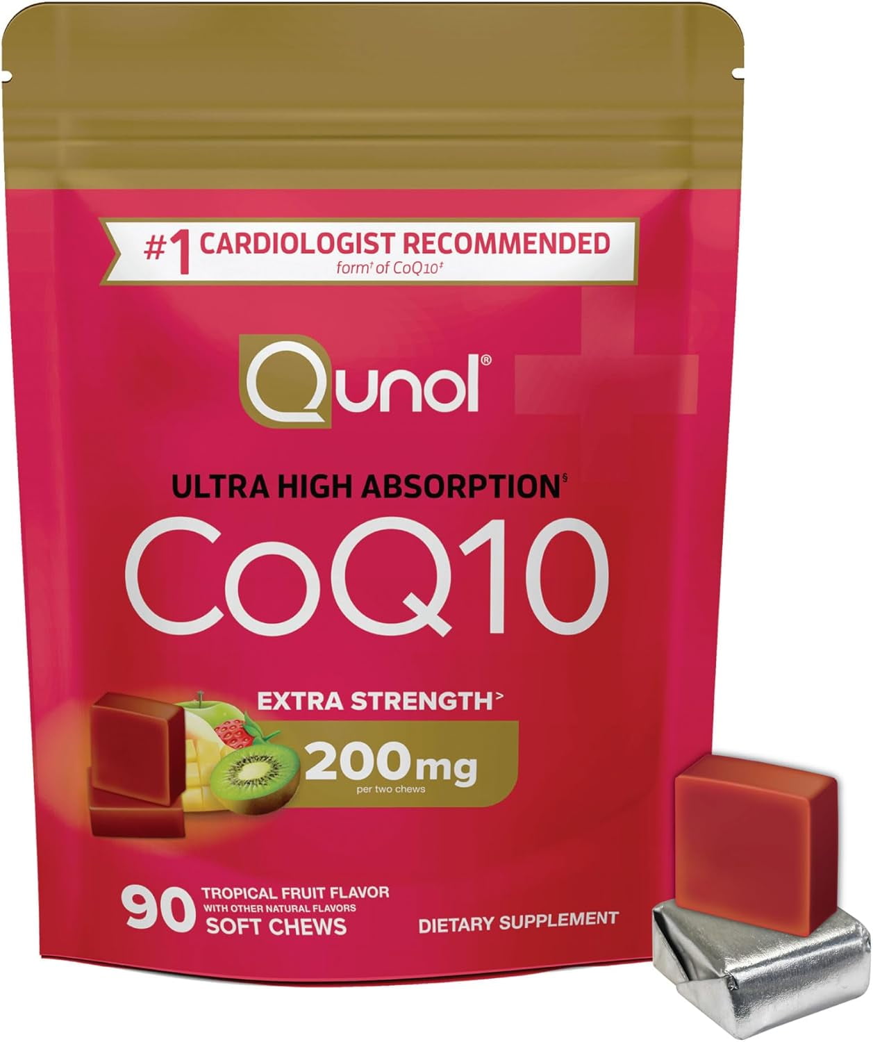 Qunol CoQ10 200mg Soft Chews, Extra Strength & Ultra High Absorption Coenzyme Q10 Supplement, 90 Count