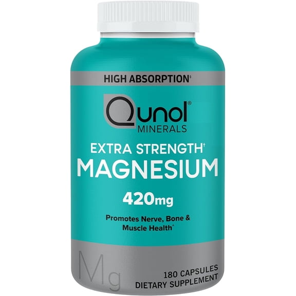 Qunol Magnesium Capsules 420mg, 100% DV, High Absorption Magnesium Supplement, Extra Strength, Bone and Muscle Health Supplement, 180 Count