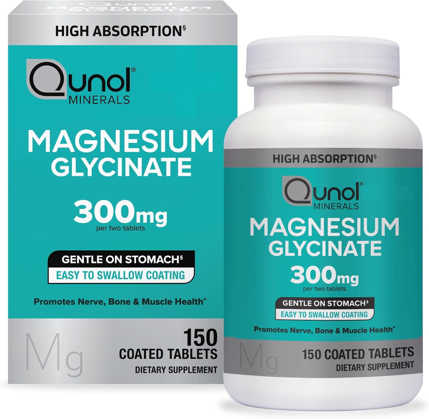 Qunol Magnesium Glycinate 300mg, 100% Glycinate Chelated Magnesium, 150ct