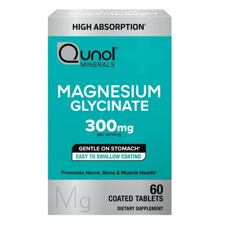 Qunol Magnesium Glycinate Tablets for Nerve, Bone, and Muscle Support, 300mg, 60 Count, Two Tablet Dose.