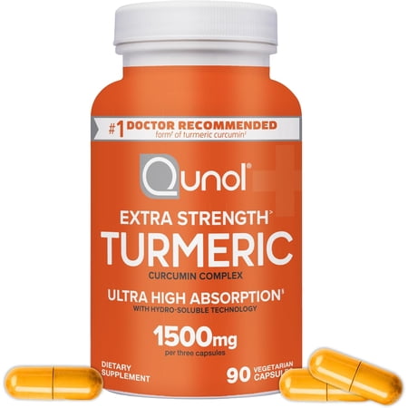 Qunol Turmeric Curcumin Capsules, 1500mg Extra Strength Supplement, Patented Hydro-Soluble Technology, Alternative to Turmeric Curcumin with Black Pepper, 90 Veggie Capsules