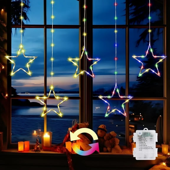 Quntis Christmas Window Lights, Color Changing 66 LED 5 Stars Christmas Curtain Lights with Timer and 8 Modes, Battery Operated Star Lights Indoor Outdoor for Bedroom Wall Christmas Decorations