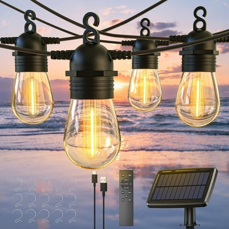 Quntis Solar String Lights Outdoor Waterproof, 57FT Solar Powered Patio String Lights with 15+1Bulb, Solar String Lights with Dimming& 4 Light Mode for Backyard Party Garden Wedding