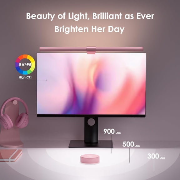 Pink Monitor Light Bar with Remote, Eye-Care No Glare, Space Saving Computer Desk Lamp As Gifts for Girls, Stepless Dimming, Modern Aesthetic Desk Light Bar for Home Office Gaming Reading