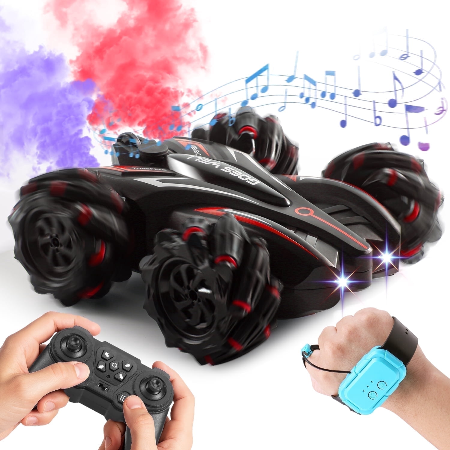 Quntis Hand  remote controlled car, 2.4GHz 4WD Gesture Sensing Rc Stunt Car, 360°Spins Double Sided with Spray Lights Music Remote Control Car  for Christmas Gift Birthday Party,Red