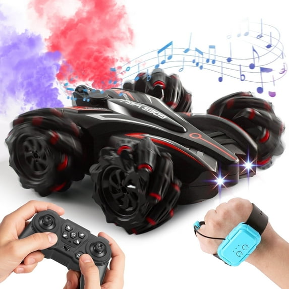 Quntis Hand remote controlled car, 2.4GHz 4WD Gesture Sensing Rc Stunt Car, 360°Spins Double Sided with Spray Lights Music Remote Control Car for Christmas Gift Birthday Party,Red