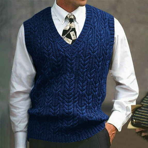 Qunyiney Blue Sweater Vest Men Solid Winter Pullover Casual Slim V-Neck Sleeveless Cable Knit Warm Sweater Vests