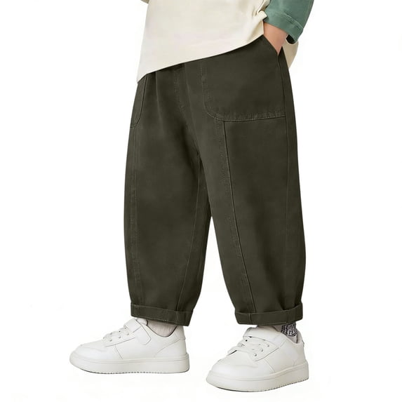 Qunyiney Boys Cargo Pants Cotton with Pockets Pants Solid Performance Relaxed Fit Elastic Waist Pants Size 2-3