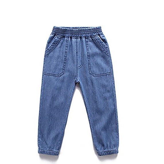 Qunyiney Boys' Pants with Pockets Faux Denim Stretch Joggers Relaxed Fit Solid Elastic Waist Casual Pants Size100