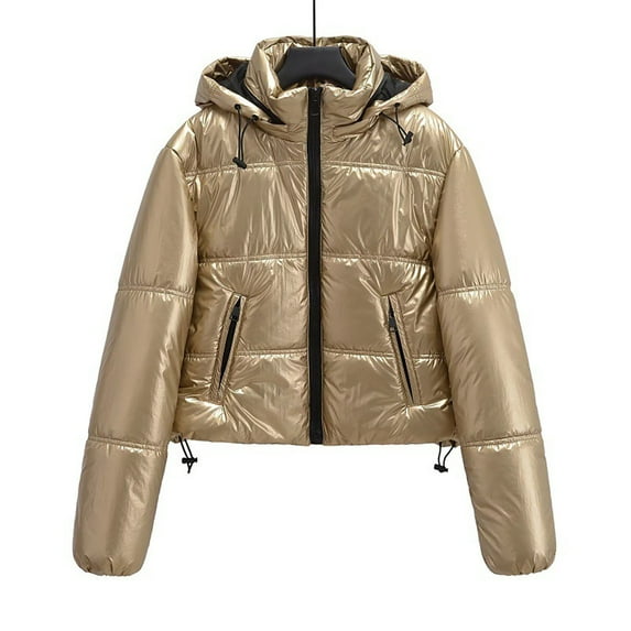 Qunyiney Casual Women's Jackets Solid Gold Puffer Zip Up Mid Weight Long Sleeve with Pocket with Pocket Slim Short Hooded Jacket