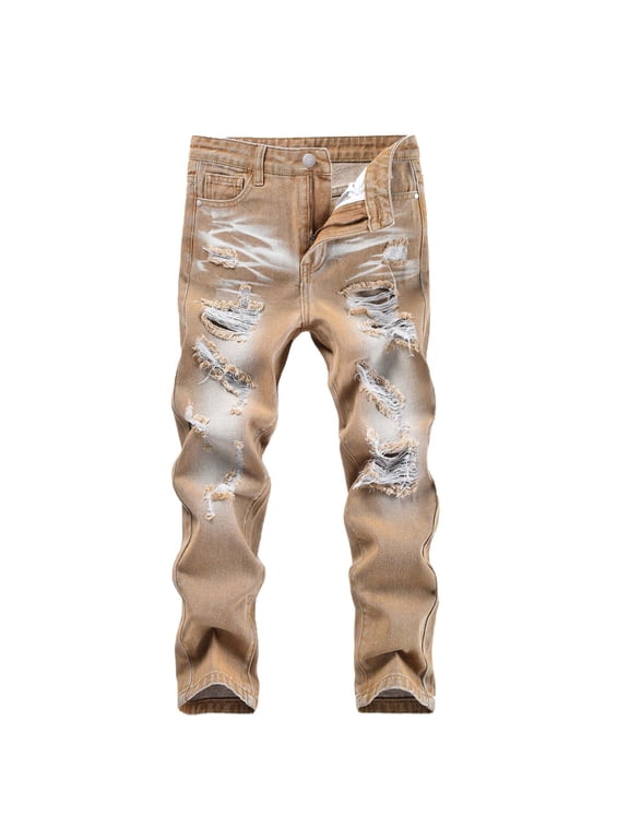 Destroyed Boy Jeans Ripped Straight Leg Denim Pants Stretch Slim Fit with Pockets Jeans Size 5
