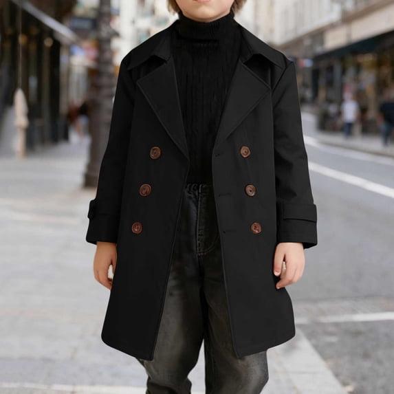 Qunyiney Double Breasted Trench Coats Boys Mid-Length Black Winter Overcoat Notch Lapel with Pockets Long Sleeve Mid-Length Boy’s Jacket 2 Years