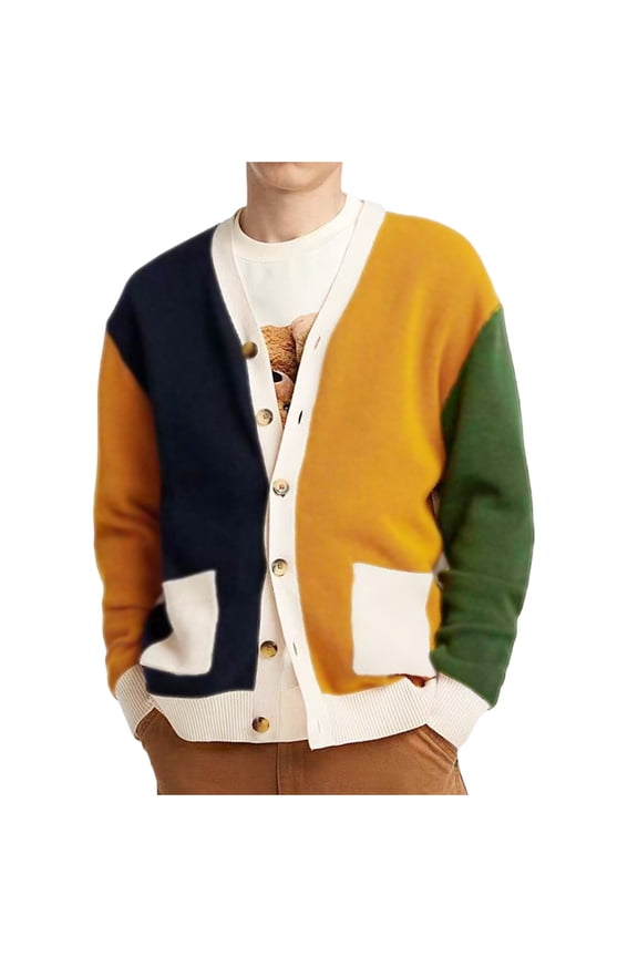 Fall Men Sweater Yellow Cardigan Colorblock Casual V-Neck with Pocket Loose Button Down Long Sleeve Sweaters