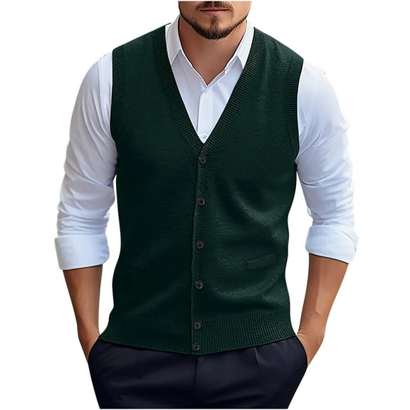 Qunyiney Green Sweater Vest Men Cardigan Fall Solid Casual Button Down V-Neck Slim Knit Sleeveless Sweater Vests