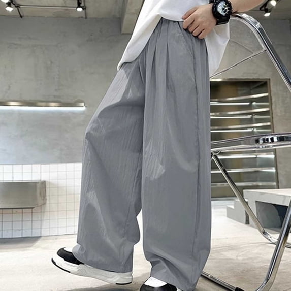 Qunyiney Lightweight Pants for Boys Wide Leg with Pockets Pants Solid Elastic Waist Loose Fit Casual Pants Size 120