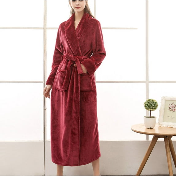 QUNYINEY Long Womens Robe Solid Fleece Red Sleepwear Bathrobe Long Sleeve Shawl Collar Heavyweight Jacquard Belt Loungewear