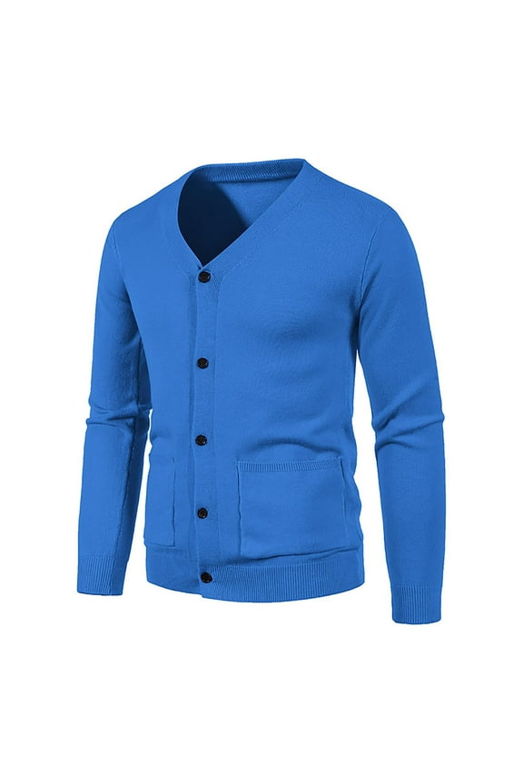 Men Sweater Fall Cardigan Blue Solid Casual with Pocket Long Sleeve Button V-Neck Regular Sweaters