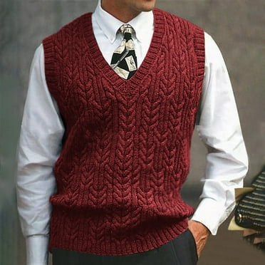 Qunyiney Men's Sweater Vests Pullover Red Solid Winter Casual Cable Knit V-Neck Sleeveless Slim Warm Sweater Vests